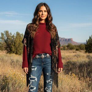 NWT Black Red Floral Velvet Fringe Kimono Jacket